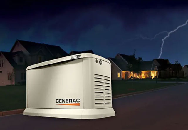 generac generator outside home during thunderstorm